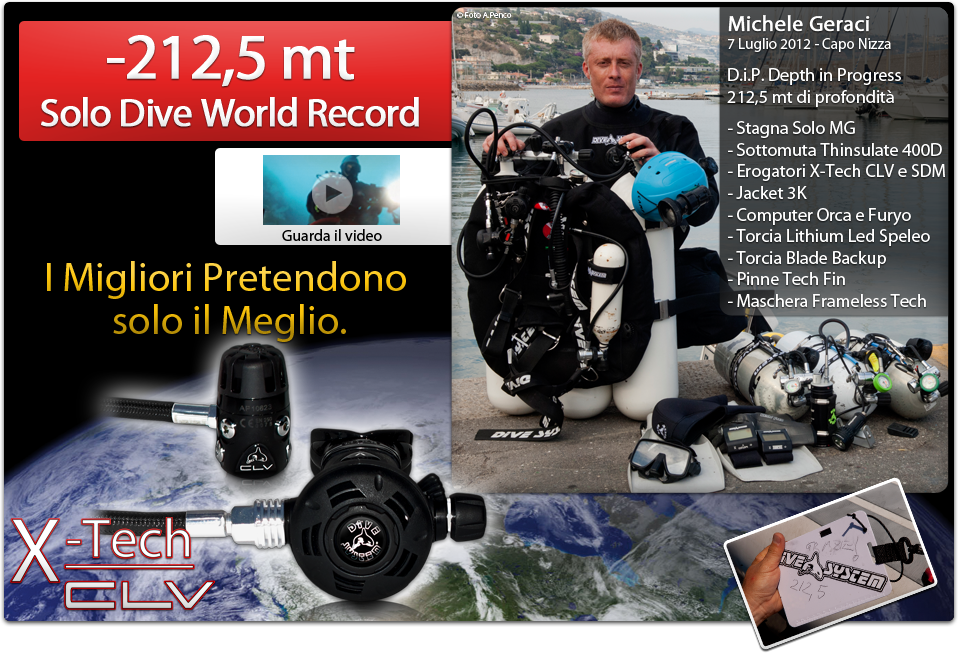 Erogatore DiveSystem X-Tech CLV 212,5 Solo Dive World Record con Michele Geraci